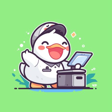 Elinde cep telefonu olan sevimli tavuk karakteri.