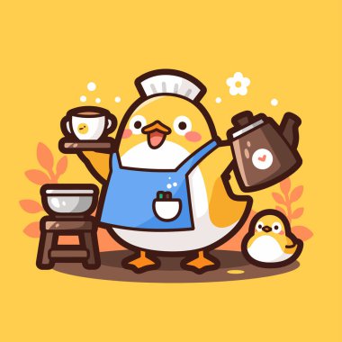 Sevimli çizgi film mutlu tavuk elinde tepsi