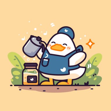 Bahçesinde bal kavanozu olan küçük bir kuşun vektör karikatür çizimi