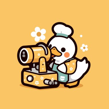 Çizgi film tavuğu elinde kamera tutuyor.