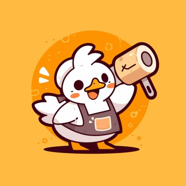 Sevimli çizgi film karakteri elinde kaşık tutan bir tavuk.