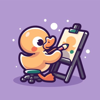 Sevimli çizgi film karakteri sandalyede oturuyor ve gülümsüyor..