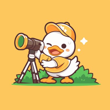 Elinde dürbün tutan sevimli tavuk karakterinin resmi.