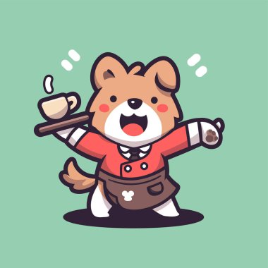 Kahve fincanı ve kahve tutan sevimli köpek çizgi film maskotunun vektör çizimi