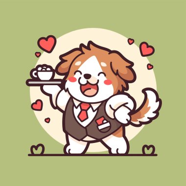 Bir fincan kahve ve bir fincan çayla sevimli komik bir köpek. vektör çizgi film karakteri çizimi beyaz arkaplanda izole edildi