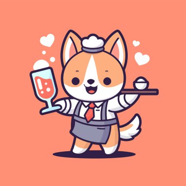 Bardakta bir fincan çayla sevimli bir köpek. Düz biçimdeki vektör illüstrasyonu