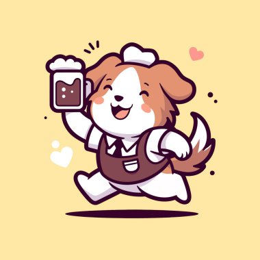 Bira kupalı mutlu köpek, vektör çizimi. Çizgi film tarzında şirin bir köpek..