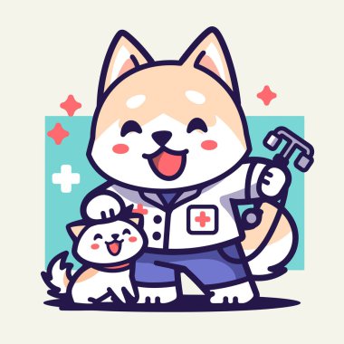 Elinde köpek, elinde şırıngayla üniformalı şirin bir kedi. Vektör çizimi. beyaz arkaplanda izole.