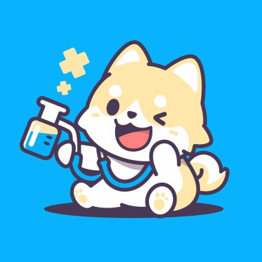 Beyaz arka planda mavi kurdeleli ve şırıngalı şirin beyaz köpeğin vektör karikatürü..