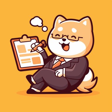 Elinde gazete tutan takım elbiseli sevimli bir köpek karakteri..