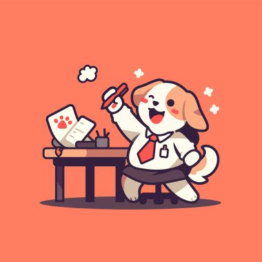 Ofiste bir fincan çay vektörü illüstrasyonuyla sevimli bir köpek var.