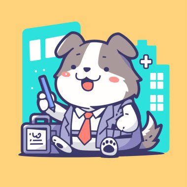 Bir çanta dolusu belgeyle takım elbiseli şirin bir köpeğin resmi.