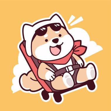 Kasklı ve arabalı şirin bir köpek.