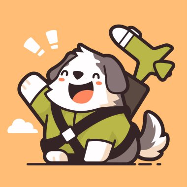 uçak vektör illüstrasyonlu çizgi köpek maskotu