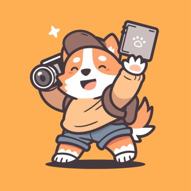 Kameralı sevimli çizgi film köpeği. Çizgi film hayvanlarının vektör çizimi