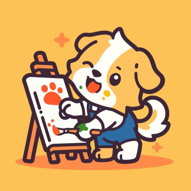 vektör karikatür sevimli yavru köpek fırçayla çiziyor. Hayvan karakteri çizimi. yaratıcı çizgi film hayvan logosu tasarımı.