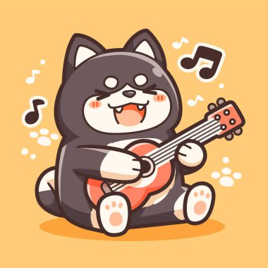 Tatlı çizgi film kedisi gitar çalıyor ve gitar çalıyor.