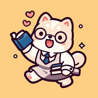 Akıllı telefonlu gözlüklü şirin bir köpek. vektör illüstrasyonu.