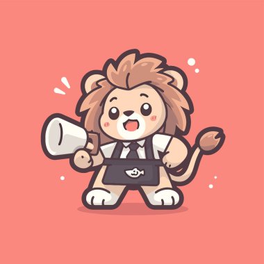 Elinde kupa tutan sevimli çizgi film aslanı. vektör illüstrasyonu