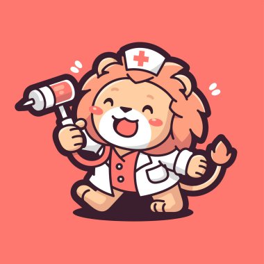 Stetoskop karikatür vektör çizimi izole edilmiş şirin küçük aslan.
