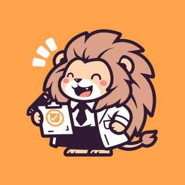 Elinde dosya olan sevimli bir aslan. vektör karakter. çizgi film biçimi.