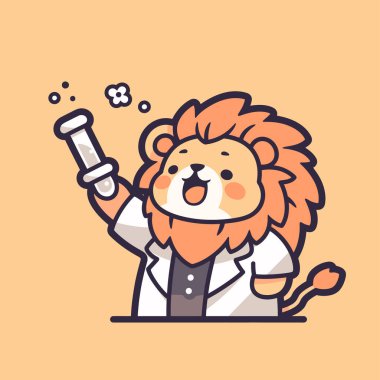 Vektör illüstrasyon, ağzında bir bardak şampanya tutan sevimli çizgi film aslanı.