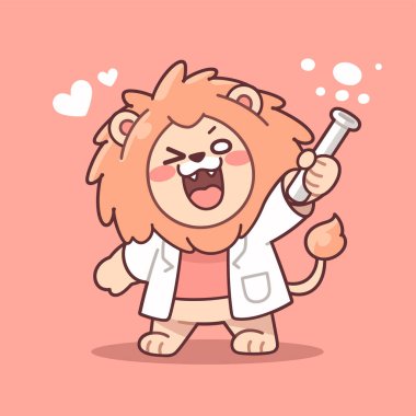 Steteskopu ve büyük kedisi olan sevimli bir aslan..