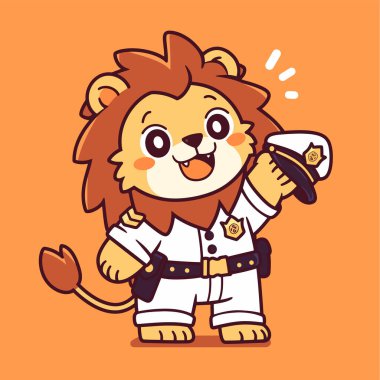 Çizgi film kostümlü, turuncu renkli şirin bir aslanla vektör karikatür aslanı. Beyaz arkaplanda izole edilmiş vektör illüstrasyonu.