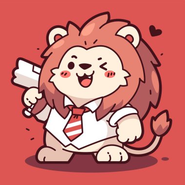 vektör karikatür sevimli aslan karakteri büyük kırmızı bir kalp tutuyor.