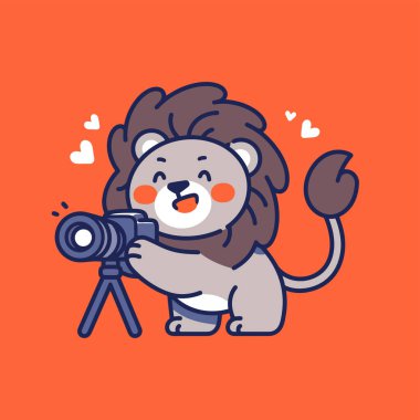 Kamera vektör illüstrasyonlu sevimli çizgi film aslanı