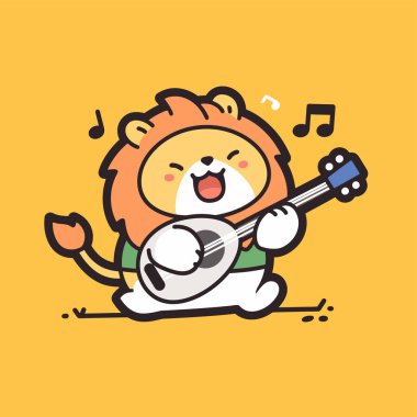 Gitar çalan sevimli çizgi film aslanı. vektör illüstrasyonu
