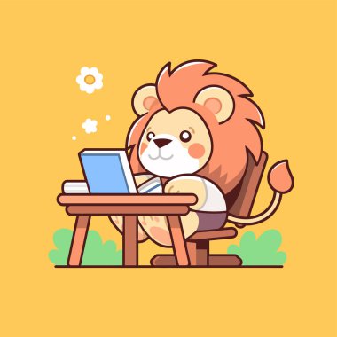 Masada dizüstü bilgisayarı ve vektör illüstrasyonuyla oturan sevimli çizgi film karakteri.