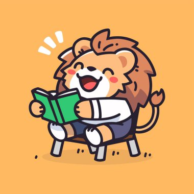 Elinde kitap tutan ve kitap okuyan küçük şirin bir aslanın vektör çizimi