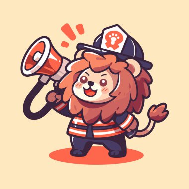 Sevimli çizgi film aslanı elinde megafonla büyük turuncu renkli düz bir çizgi film karakteri tutuyor.