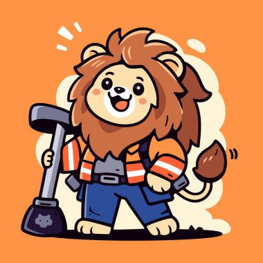 Çizgi film tarzında küreği olan sevimli bir aslan.