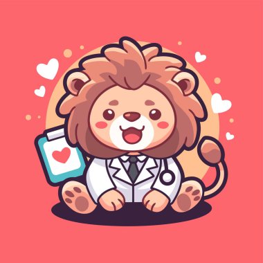 Steteskoplu şirin bir aslan. karikatür hayvan karakteri çizimi.