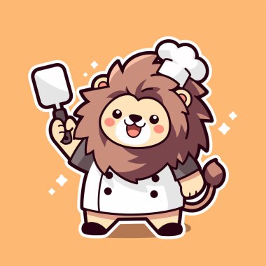 Sevimli aslan şefi elinde kaşıkla büyük bir çatal tutuyor.