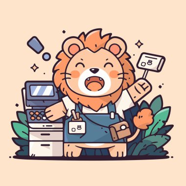 Büyük sırt çantası ve dizüstü bilgisayarı olan çizgi film aslanı.