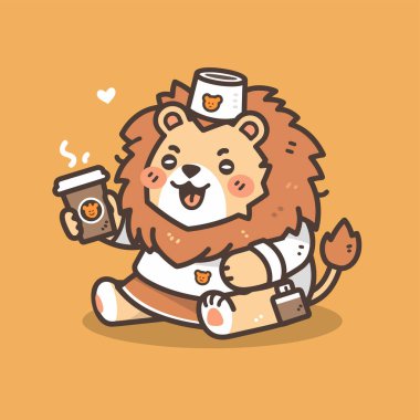 Sevimli çizgi film karakteri. Bir fincan kahveyle tatlı çizgi film aslanı..