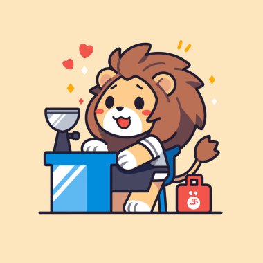 Bir fincan çayla mutlu çizgi film aslanı.