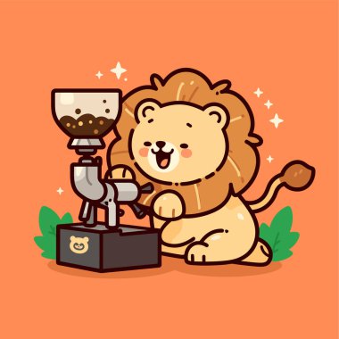 Kahve fincanı tutan sevimli aslan.