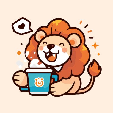 Kahvesinin arka planında bir fincan kahve olan komik çizgi film kedisi. çizgi film vektör illüstrasyonu.