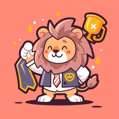 Elinde kupa tutan sevimli çizgi film aslanı.