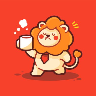 Elinde bir fincan çay tutan sevimli bir çizgi film aslanı. vektör illüstrasyonu.