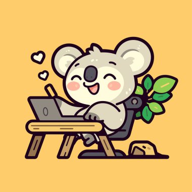 Beyaz ayı çizgi filminin vektör çizimi. Oturmuş ve kalbi ve yaprağı olan bir dizüstü bilgisayar kullanıyor.