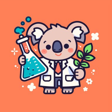 Sevimli bilim adamı elinde büyüteç ve hayvan karakterli matara tutuyor. Çizgi film karakteri beyaz arkaplanda izole edilmiş. düz biçim.