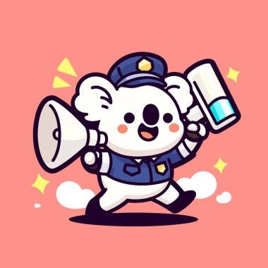 Vektör çizimi. Pembe arka planda konuşma balonu olan megafon tutan sevimli beyaz ayı. sevimli çizgi film karakteri tasarımı.