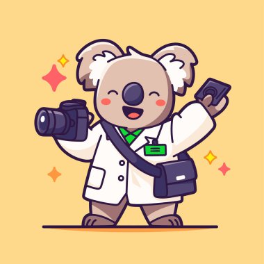 Çizgi film karakteri sevimli koala elinde kamera tutuyor. çizgi film vektör illüstrasyonu