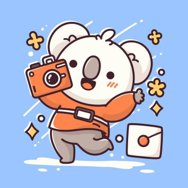 Güzel el çizimi vektör çizimi, çizgi film ayısı akıllı telefon ve fotoğraf makinesi tutuyor..