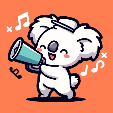 Beyaz hoparlörü, müziği ve sesi olan sevimli beyaz fil.